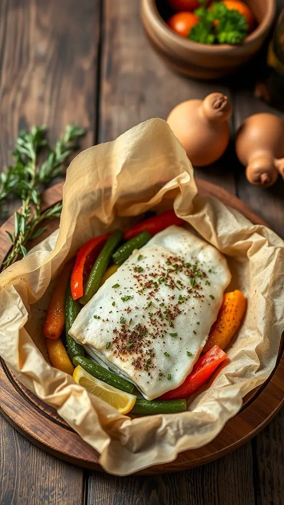 Tilapia en papillote with colorful vegetables in parchment paper