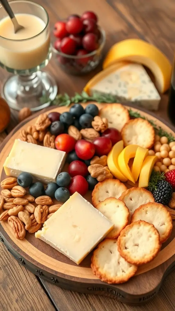 A beautifully arranged cheese and cracker platter with fruits and nuts.