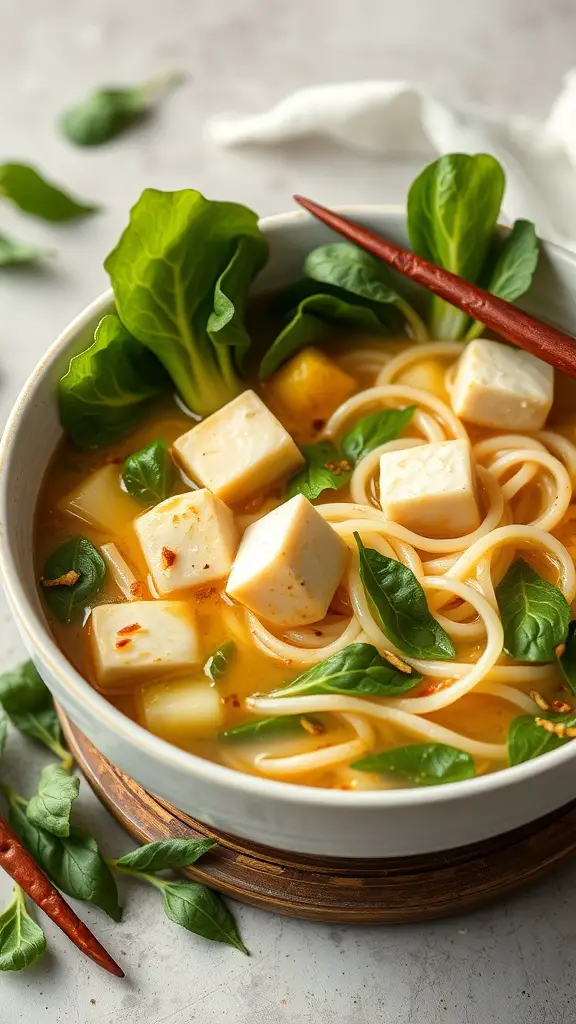 A bowl of tofu and noodle soup with fresh greens and chili flakes.