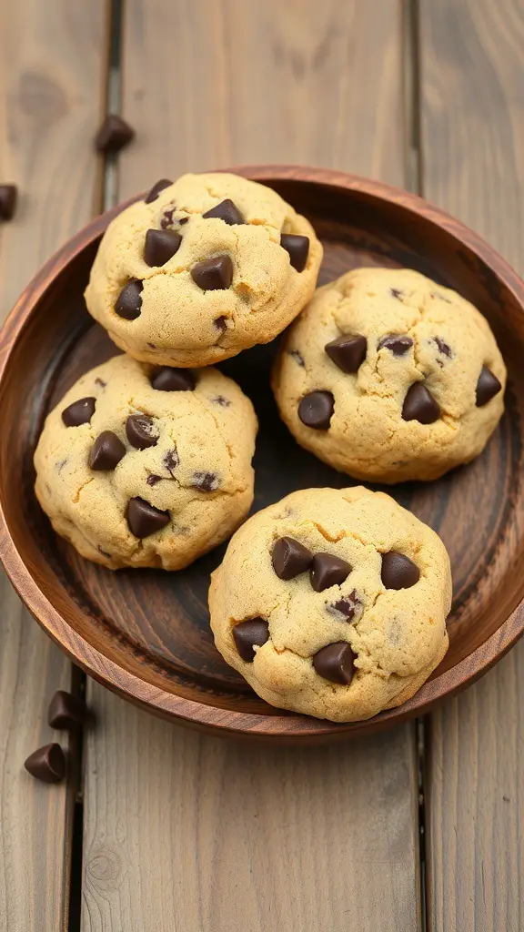 A wooden bowl filled with coconut flour chocolate chip cookies, showcasing their soft and chewy texture.