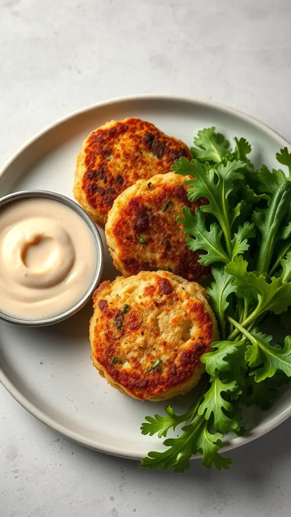 Three golden-brown catfish cakes on a plate with a small bowl of remoulade sauce and fresh greens.