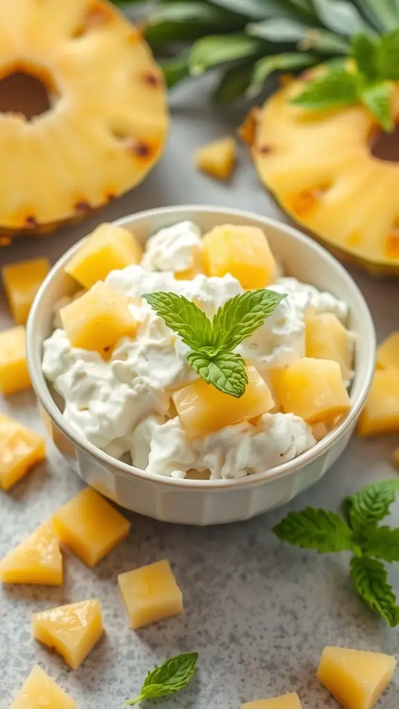 A bowl of cottage cheese topped with pineapple chunks and mint leaves, surrounded by pineapple slices.