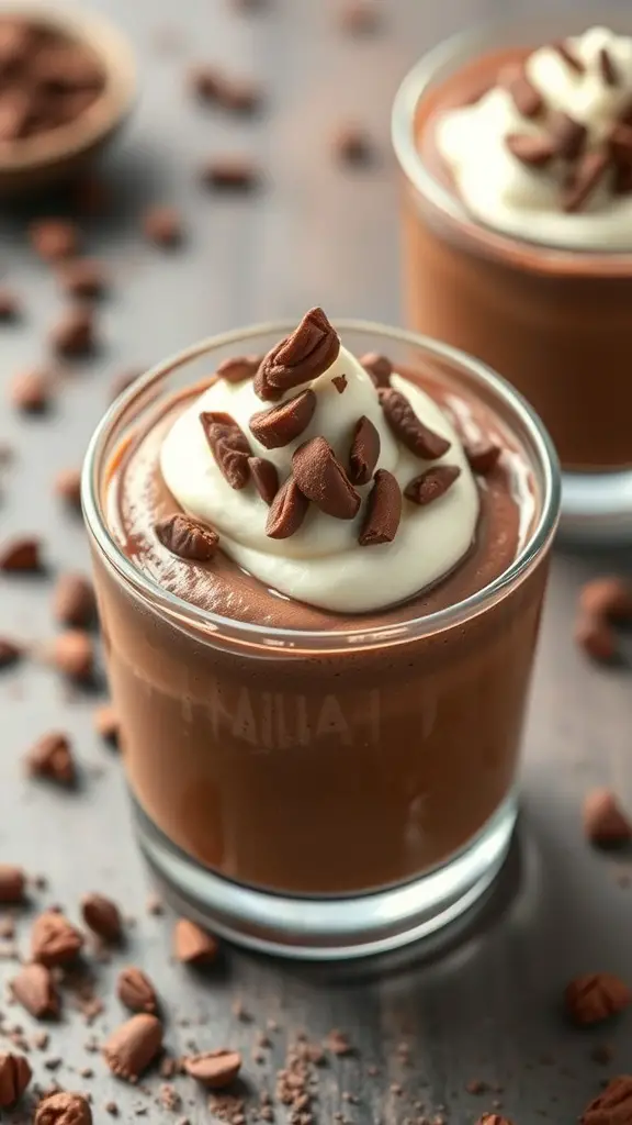 Chocolate avocado mousse topped with whipped cream and chocolate shavings in a glass