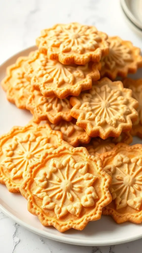 A plate of golden pizzelle, thin Italian waffles with intricate designs.