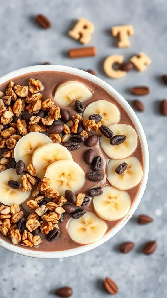 A chocolate banana smoothie bowl topped with sliced bananas, granola, and coffee beans.
