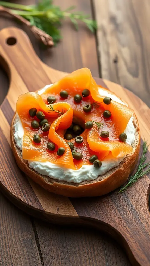 A smoked salmon and cream cheese bagel topped with capers and herbs on a wooden cutting board.