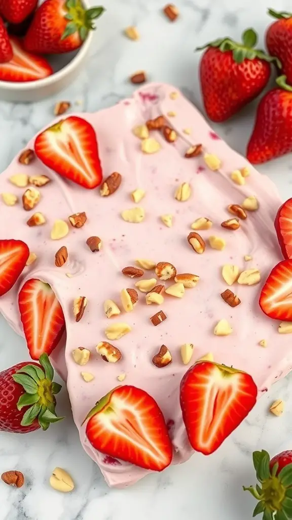 Frozen Strawberry Yogurt Bark topped with strawberries and nuts