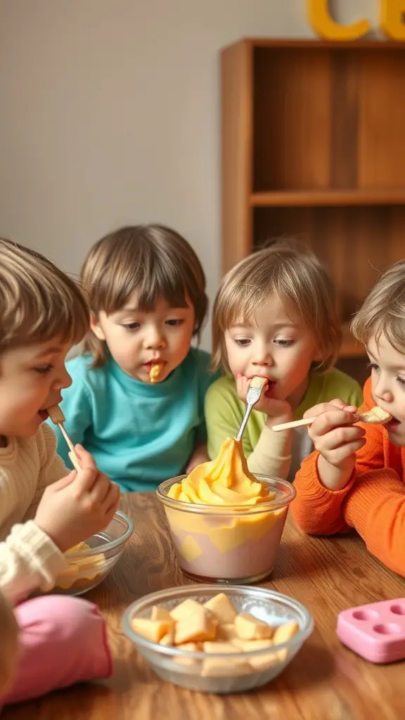 Children enjoying soft food desserts together
