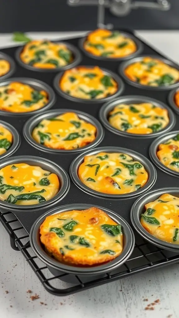 A tray of mini frittatas with spinach and cheese, baked in a muffin tin.