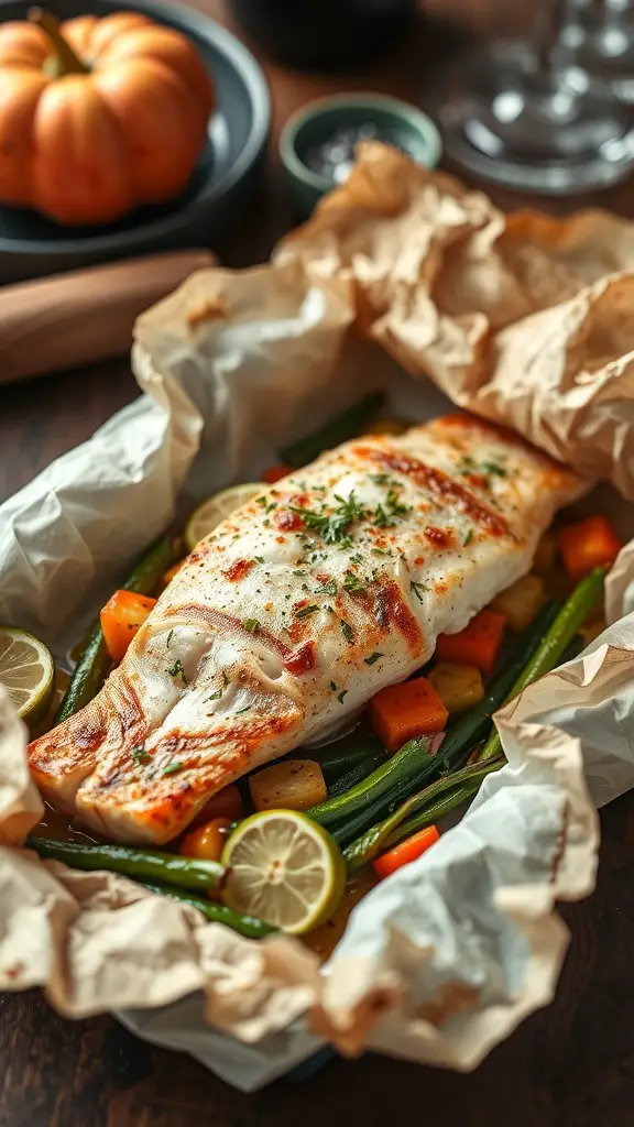 A beautifully cooked catfish fillet with vegetables in parchment paper, garnished with herbs and lemon slices.