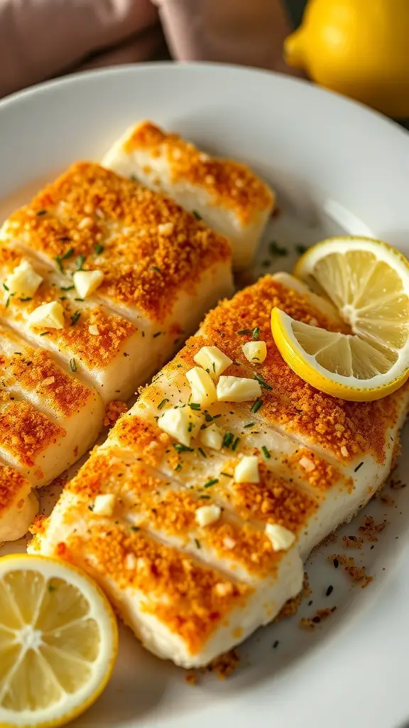 Oven-baked cod fillets with a crispy Parmesan crust, garnished with garlic and lemon slices.