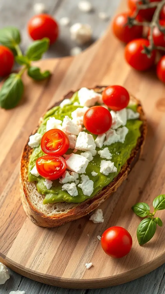 Avocado toast topped with feta cheese and cherry tomatoes on a wooden board