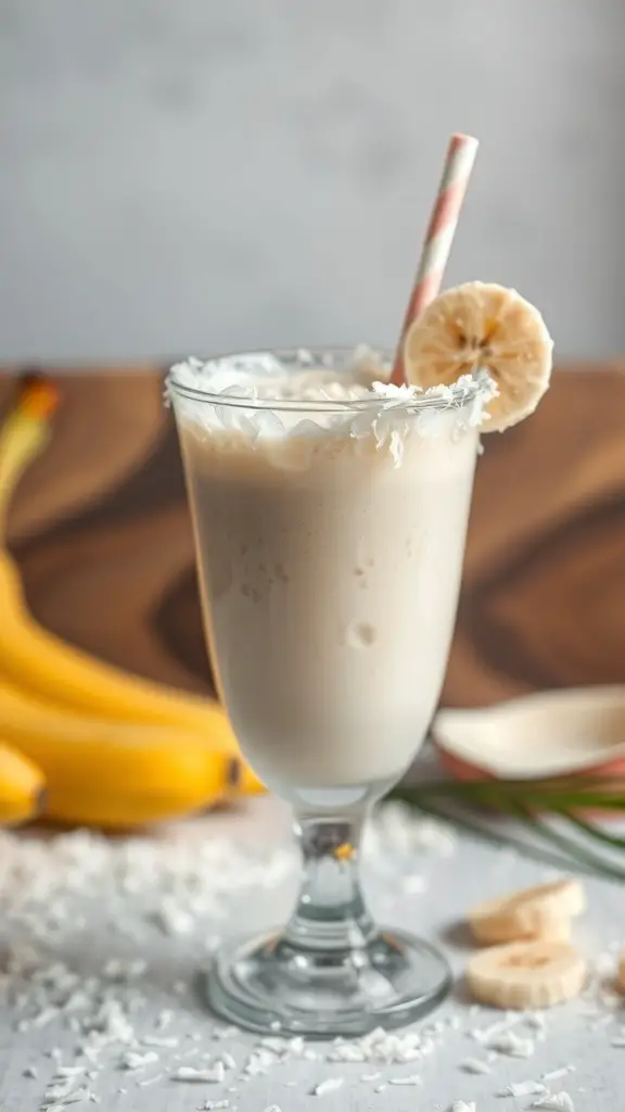 A creamy Coconut Banana Bliss smoothie in a glass, garnished with a banana slice and shredded coconut, with bananas in the background.
