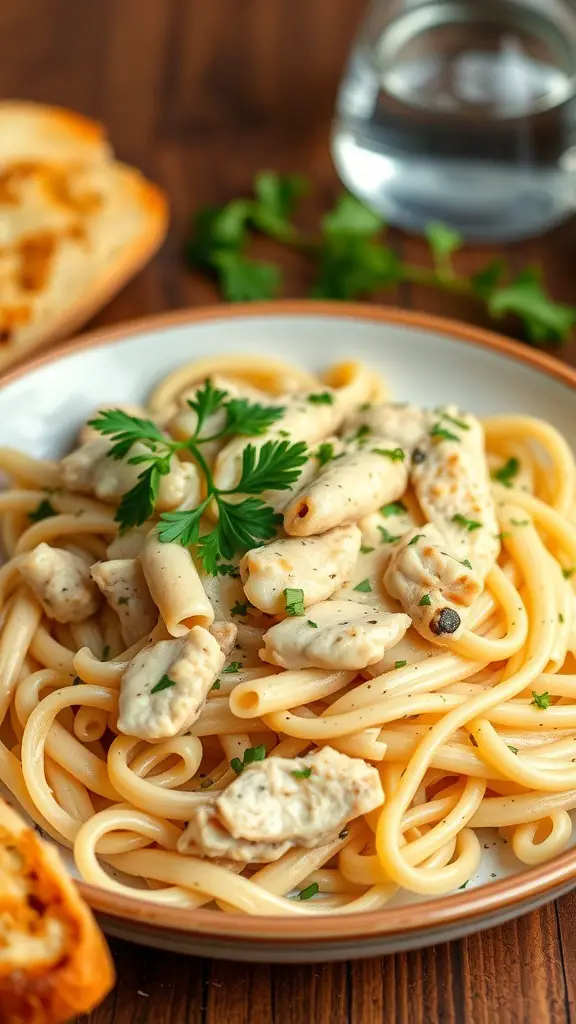 A plate of creamy garlic chicken pasta garnished with parsley, served with garlic bread on the side.