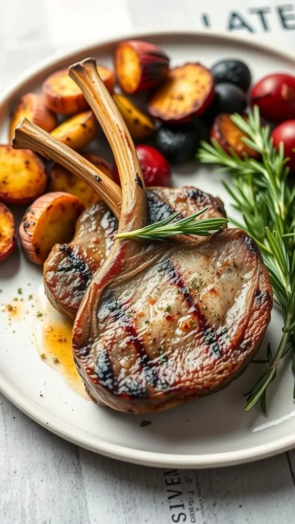 Grilled herbed lamb chops served with roasted vegetables