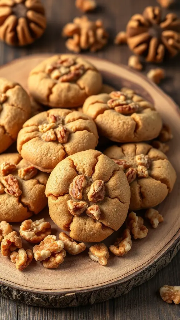 A plate of freshly baked toffee walnut cookies with walnuts scattered around.