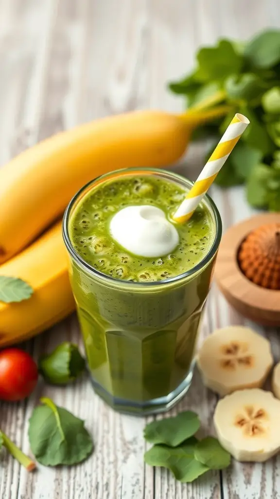 A green smoothie in a glass with bananas and leafy greens around it.