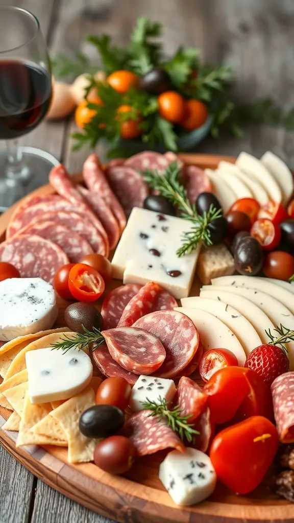 A beautifully arranged salami and cheese platter with various cheeses, salami slices, olives, cherry tomatoes, and a glass of red wine.