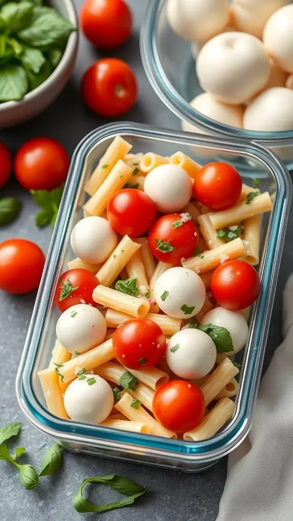 A colorful pasta salad with cherry tomatoes, mozzarella balls, and pesto in a glass container.