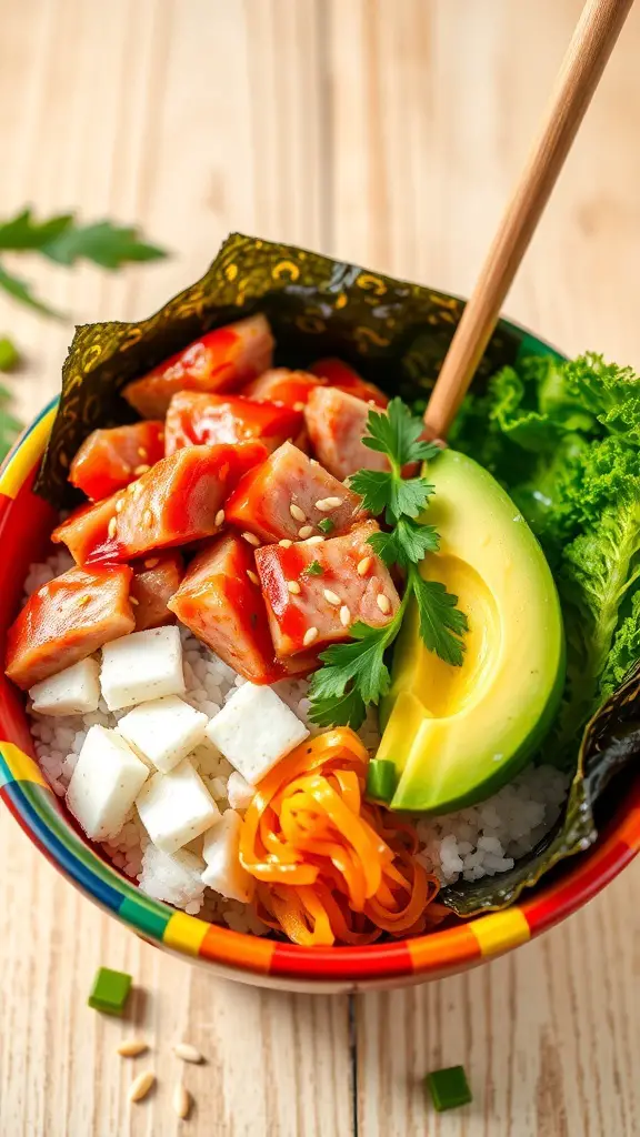 A colorful spicy tuna poke bowl with rice, avocado, carrots, tofu, and seaweed.