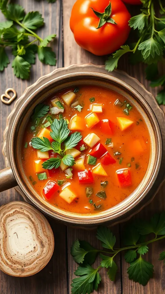 A bowl of chilled gazpacho soup with diced vegetables and fresh herbs, surrounded by tomatoes and parsley.
