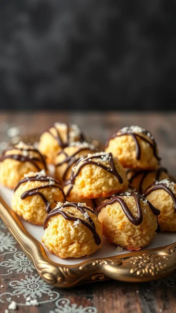 A tray of coconut macaroons drizzled with chocolate, showcasing a delicious birthday treat.