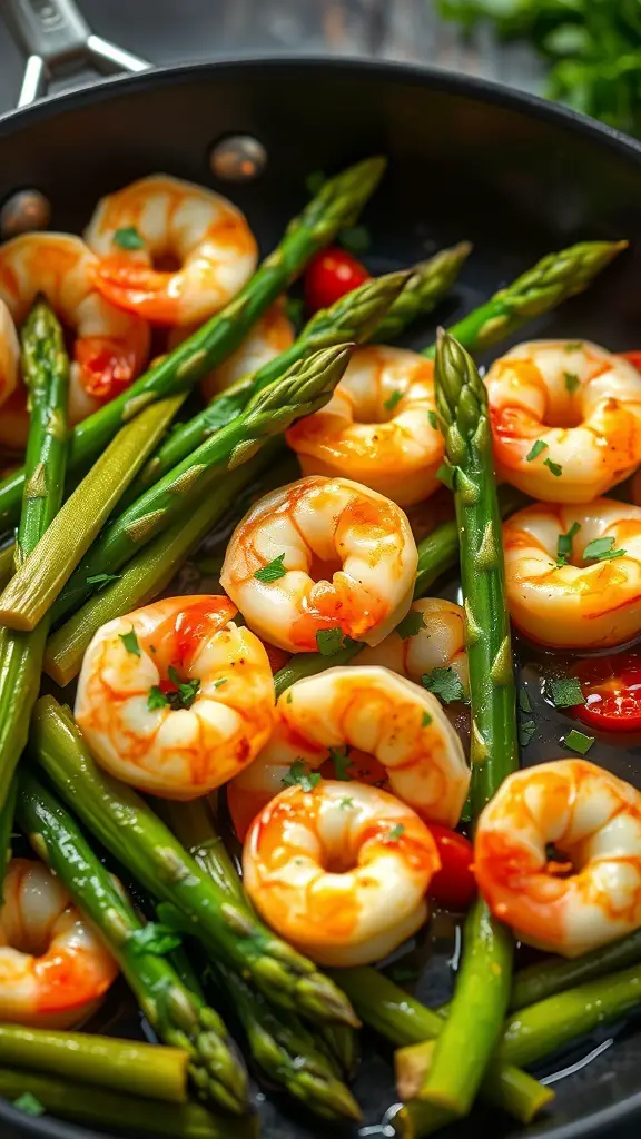 A skillet filled with garlic butter shrimp and asparagus, showcasing vibrant colors and fresh ingredients.