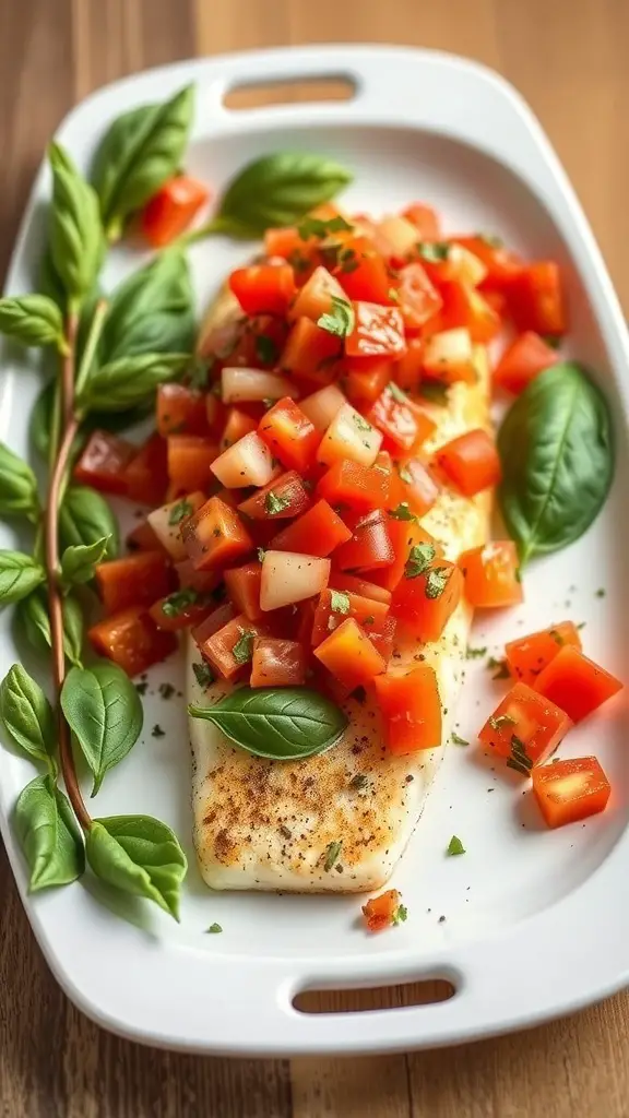 Baked fish topped with tomato basil salsa on a white platter