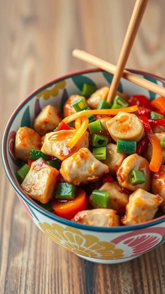 A bowl of Teriyaki Chicken Stir-Fry with colorful vegetables and chopsticks.