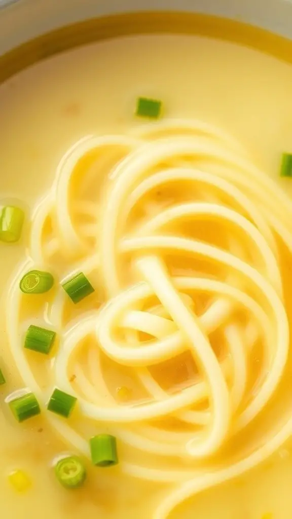 A bowl of egg drop soup with noodles and green onions