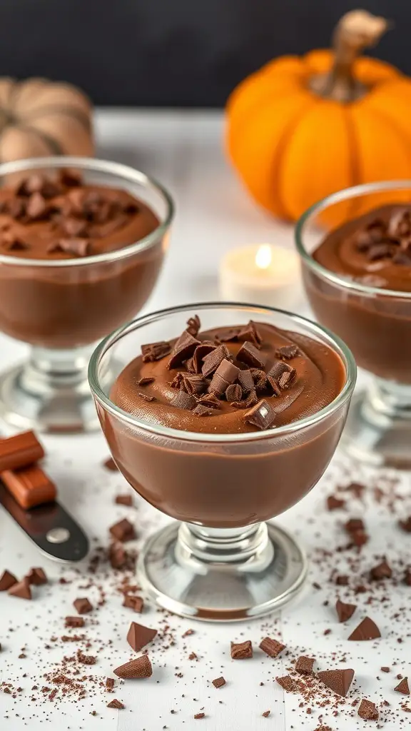 Chocolate pumpkin mousse in glasses with chocolate shavings and a pumpkin in the background.