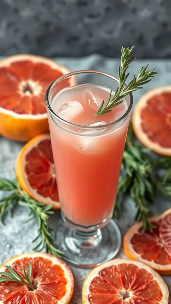 A glass of grapefruit juice garnished with rosemary, surrounded by fresh grapefruit slices.