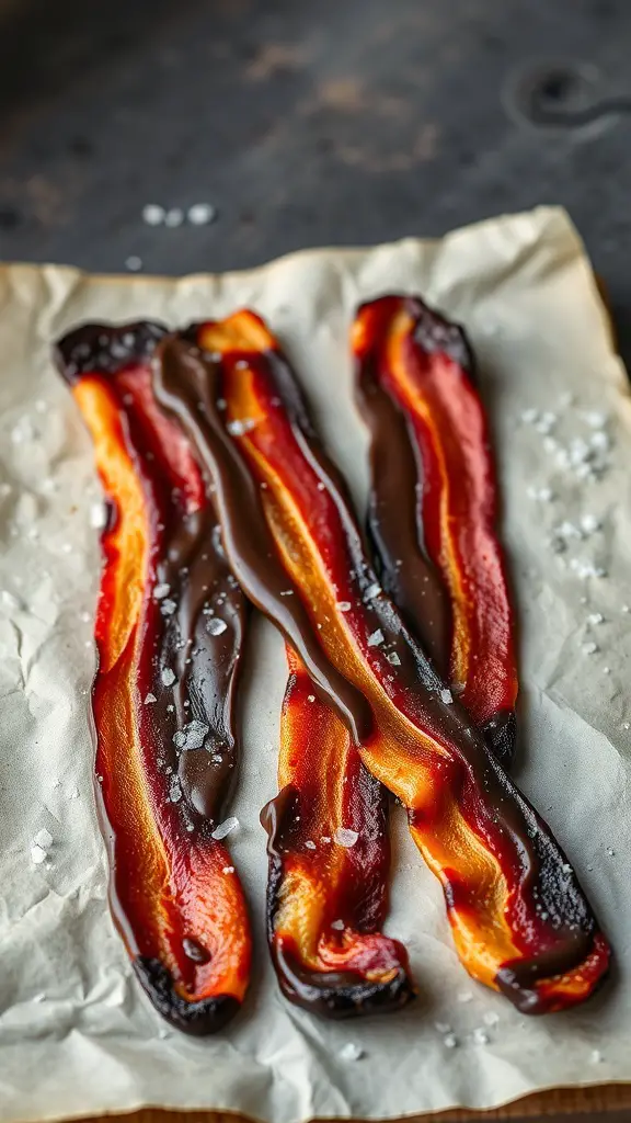 Chocolate-covered bacon strips on parchment paper with a sprinkle of sea salt.
