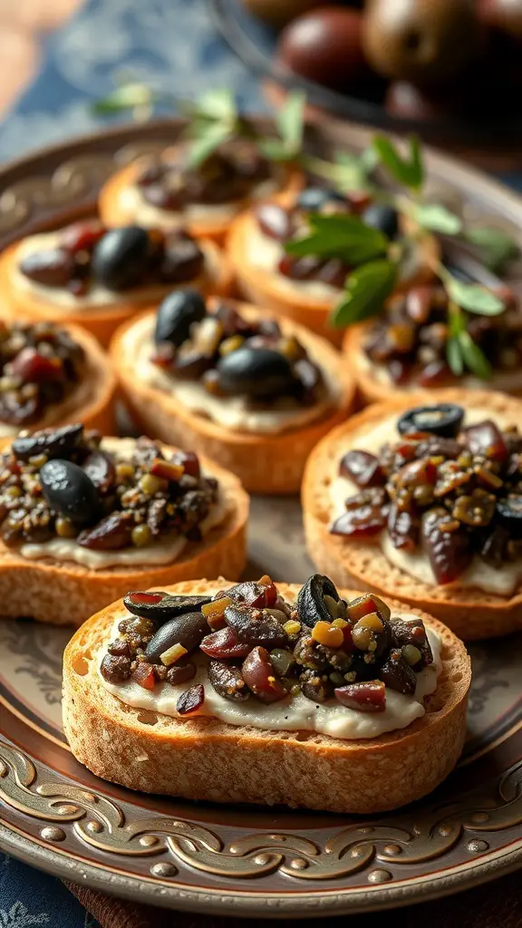 Whole grain crostini topped with olive tapenade, garnished with herbs.