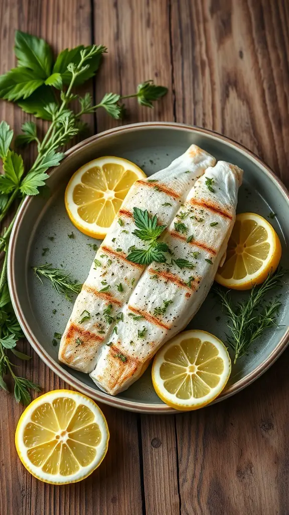 Grilled cod fillets garnished with herbs and lemon slices on a plate