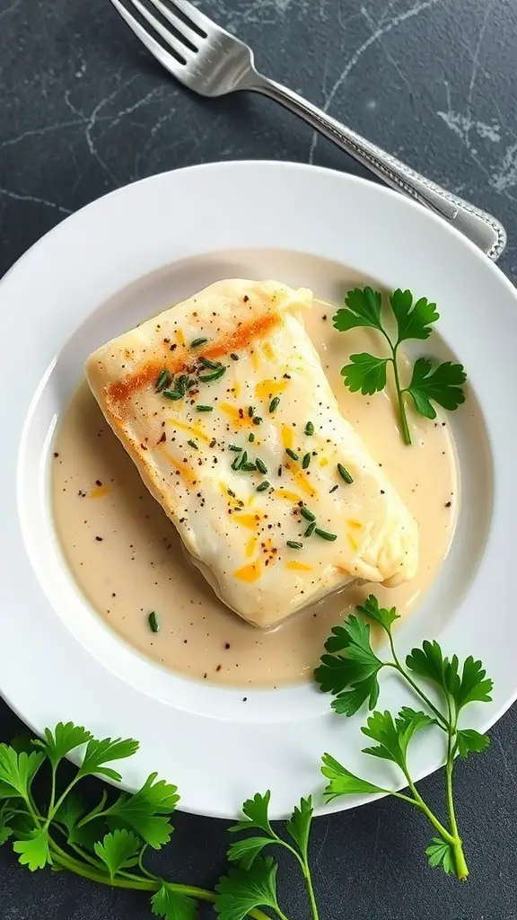 A plate of creamy garlic butter sole garnished with herbs