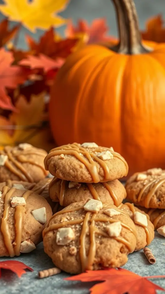 Pumpkin Spice Toffee Cookies with caramel drizzle and autumn leaves