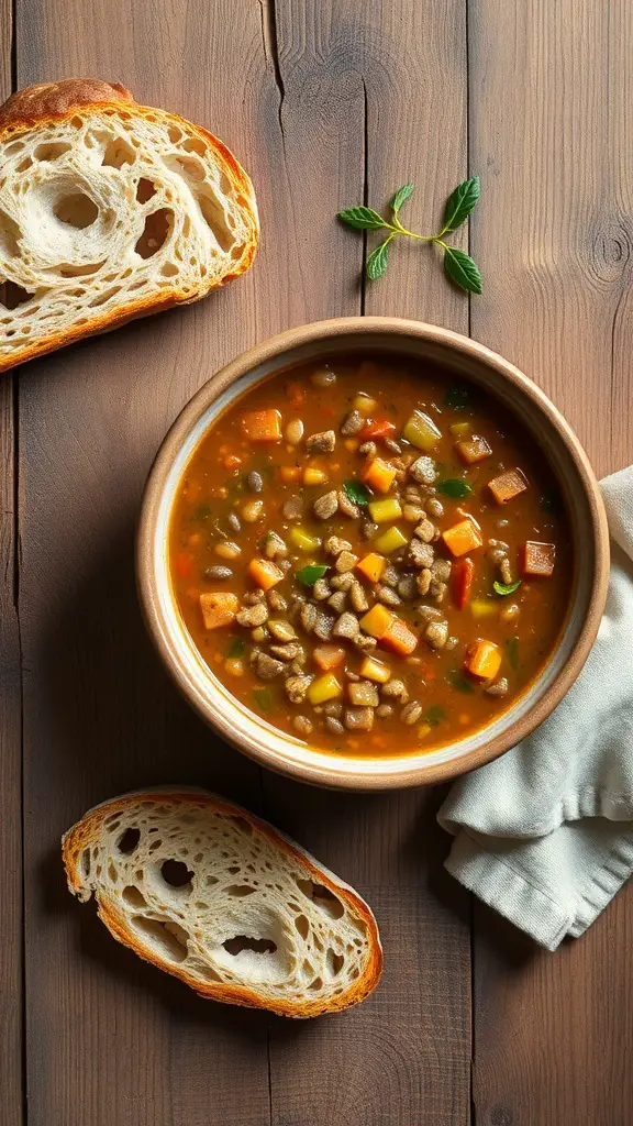 A bowl of lentil soup with colorful vegetables and a side of crusty bread on a wooden table.