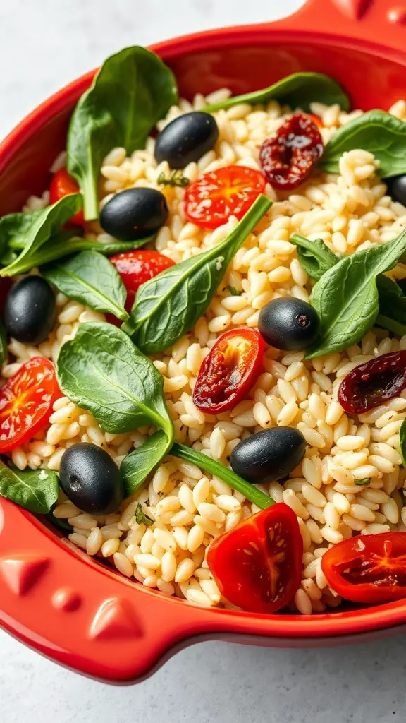 A vibrant Greek Orzo Salad with spinach, cherry tomatoes, black olives, and sun-dried tomatoes in a red bowl.