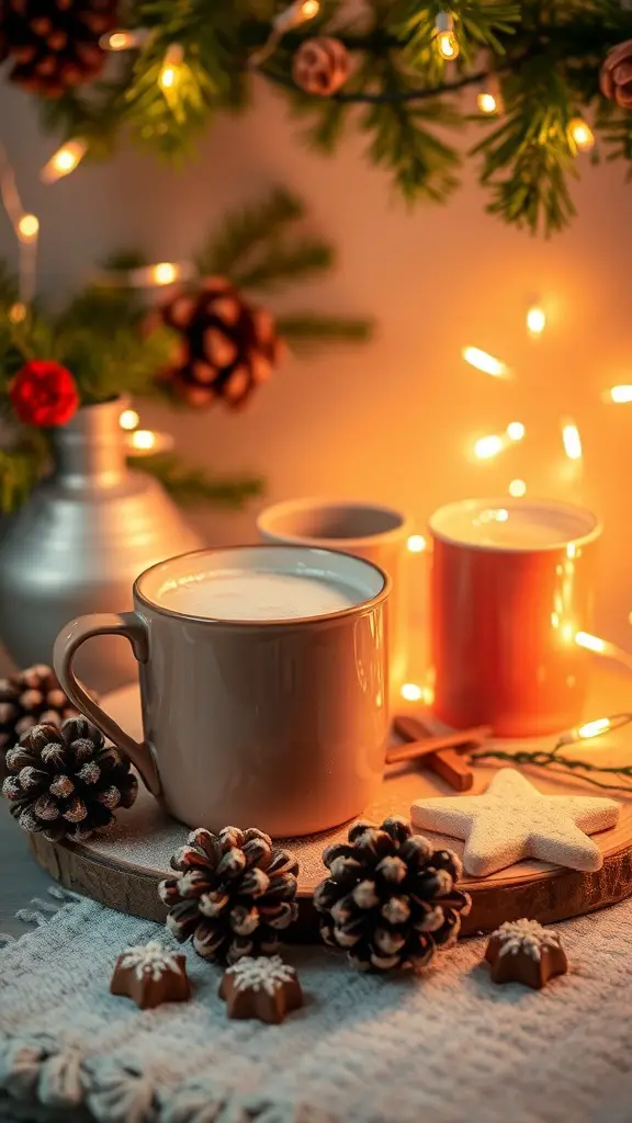 A cozy hot cocoa station with mugs, pinecones, and festive lights.