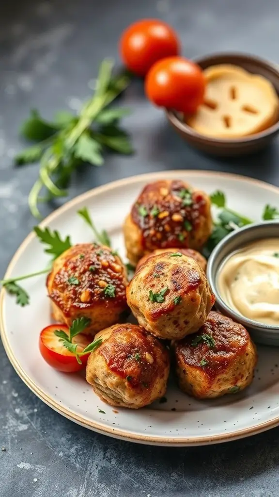 Plate of herbed turkey breakfast meatballs garnished with herbs and served with dipping sauce