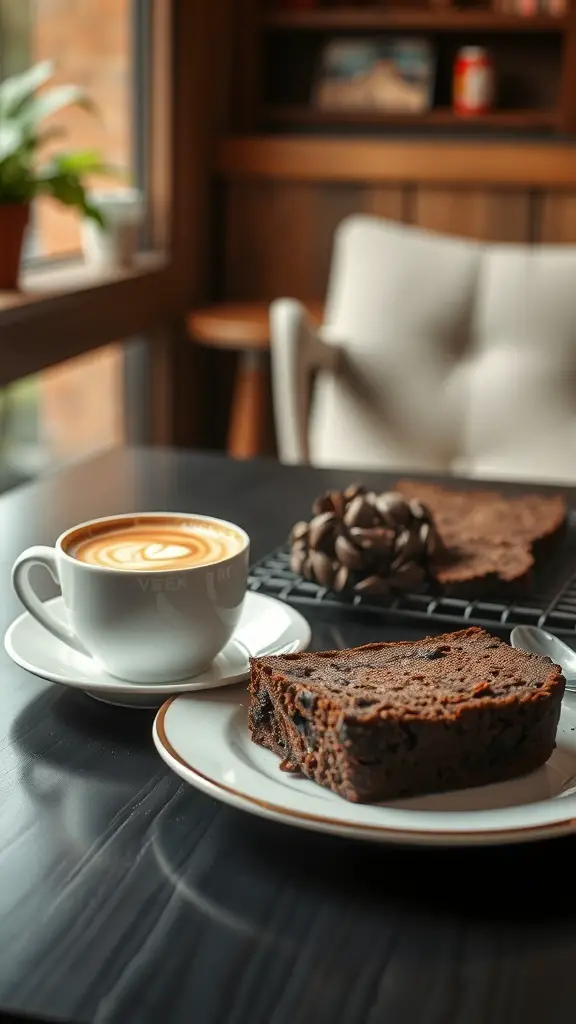 A slice of chocolate banana bread on a plate next to a cup of coffee.