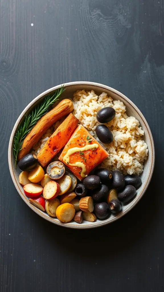 A Mediterranean salmon rice bowl featuring salmon, rice, roasted vegetables, and olives.