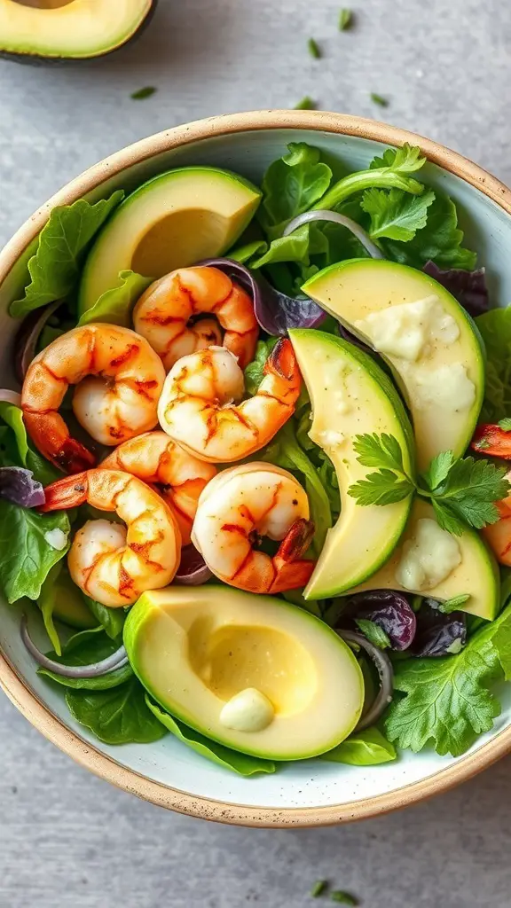A bowl of grilled shrimp and avocado salad with greens