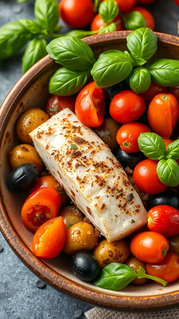 A bowl of Mediterranean cod with olives, tomatoes, and fresh basil.
