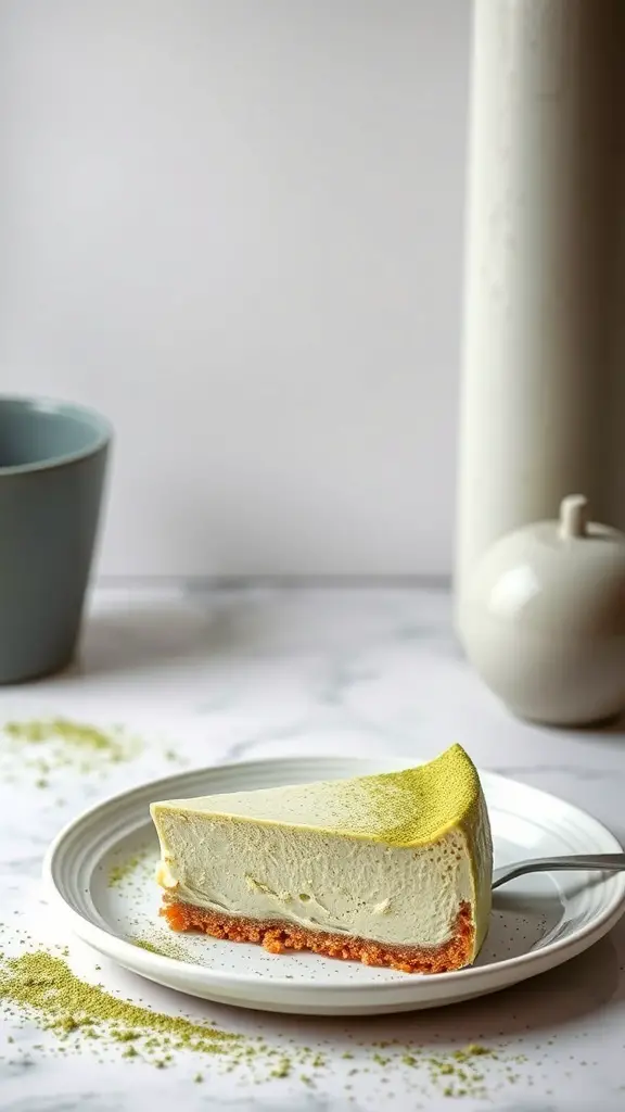 A slice of matcha green tea cheesecake on a plate, showcasing its creamy texture and vibrant green color.
