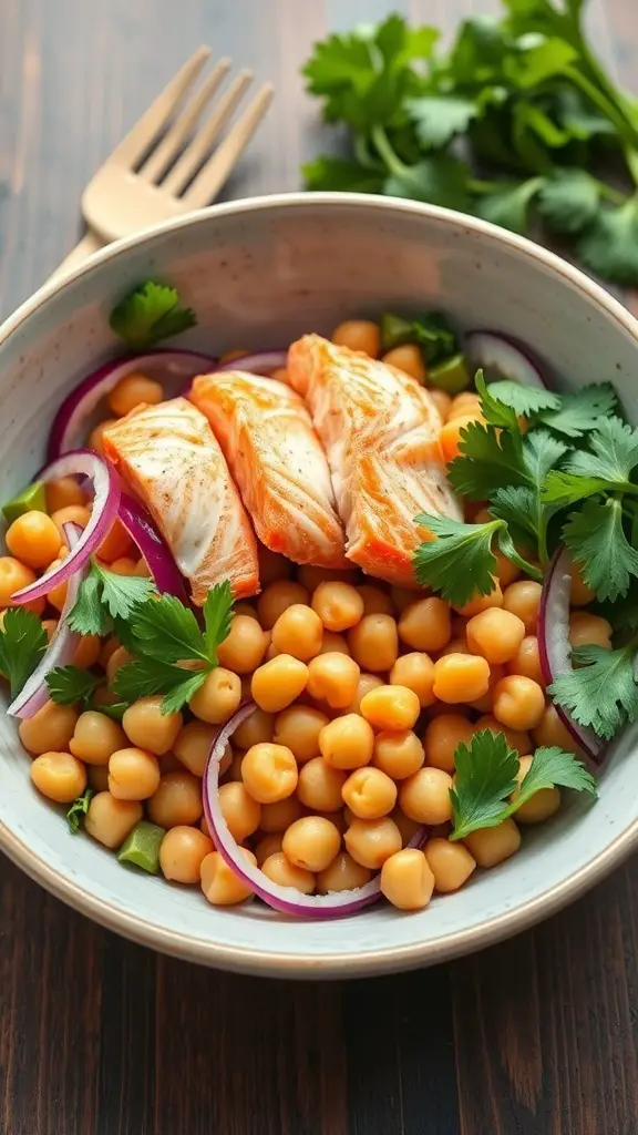 A bowl of salmon and chickpea salad with cilantro and red onion