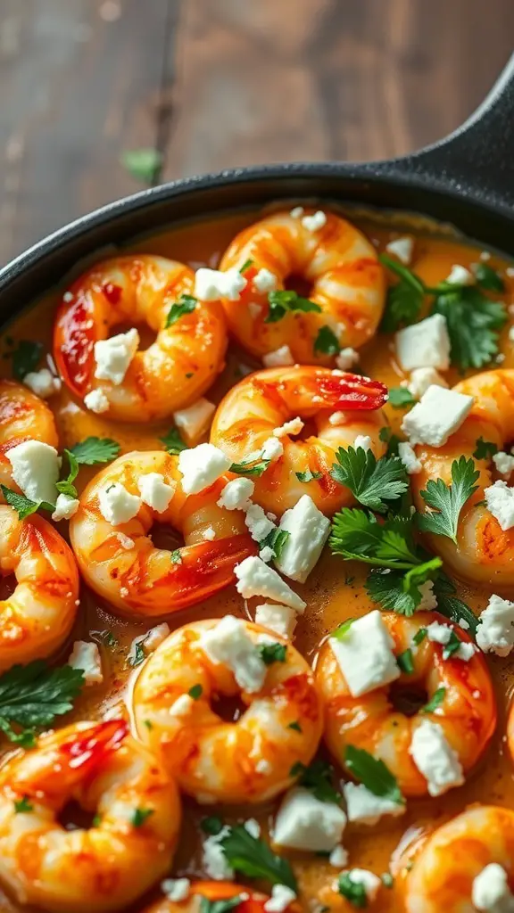 A skillet filled with shrimp, feta cheese, and fresh herbs, showcasing a Mediterranean dish.