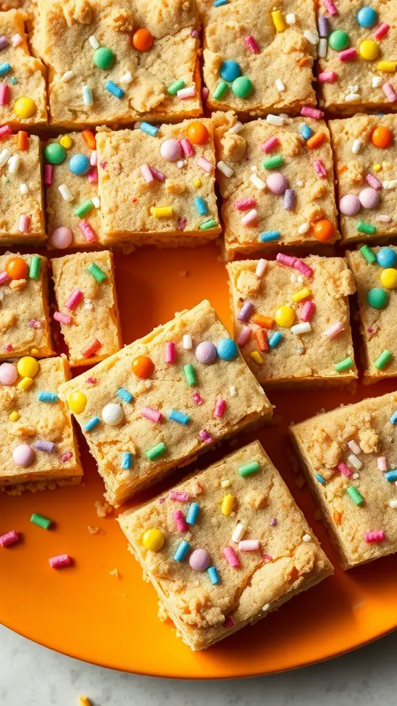 Colorful funfetti cookie bars topped with sprinkles on an orange plate