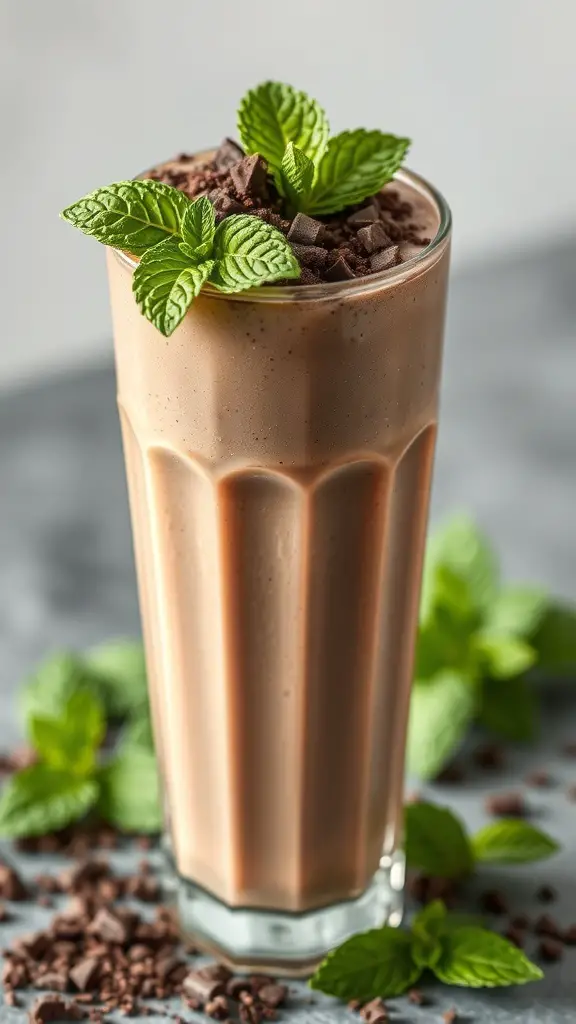 A tall glass of chocolate mint fiber smoothie topped with mint leaves and chocolate shavings, surrounded by mint leaves and chocolate pieces.